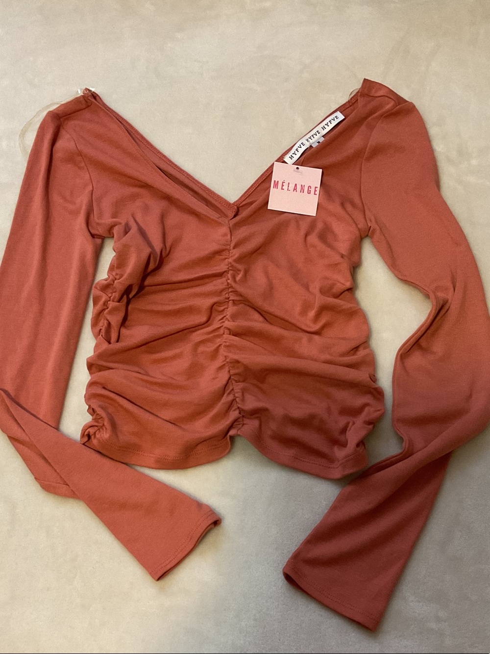 HYFVE Melange Rusty Orange Ruched V-Neck Long Sleeve Top
